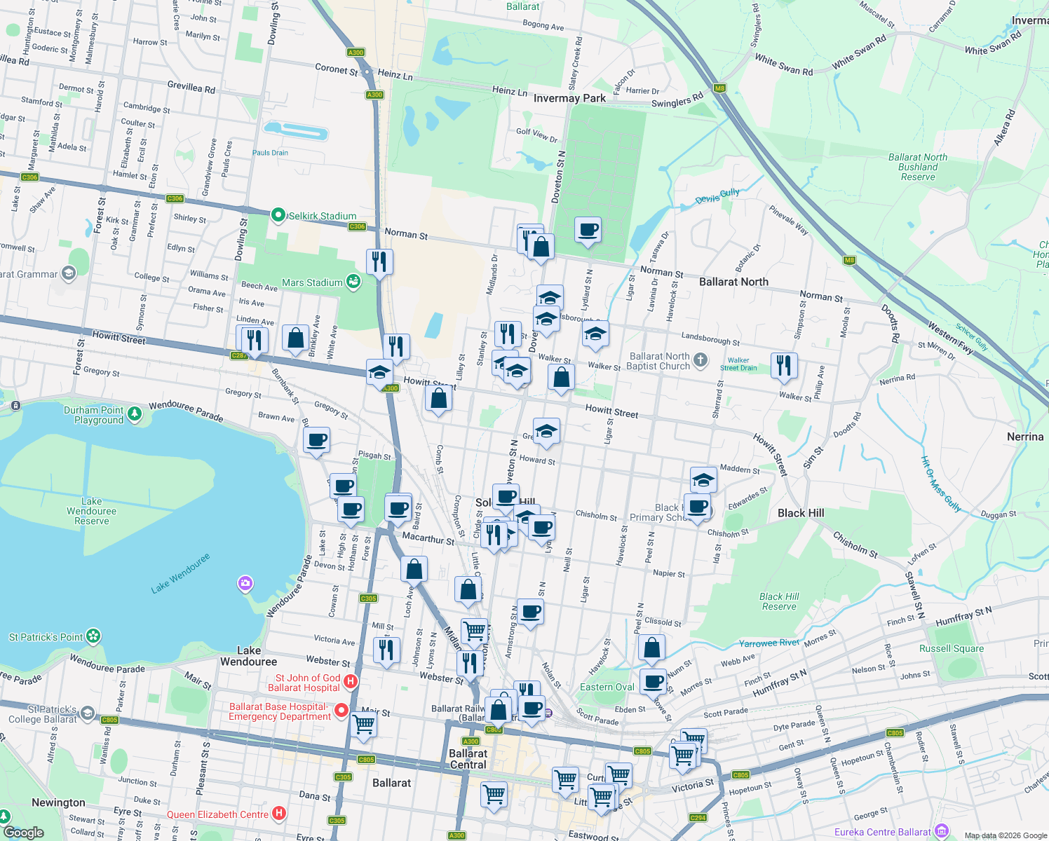 map of restaurants, bars, coffee shops, grocery stores, and more near 804 Doveton Street North in Soldiers Hill