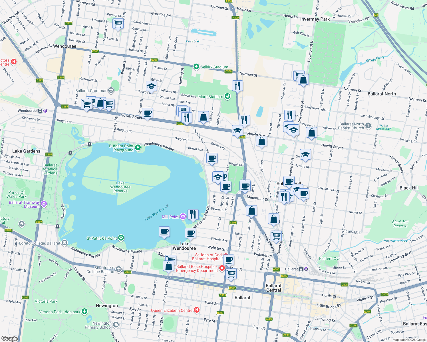 map of restaurants, bars, coffee shops, grocery stores, and more near 25 Burnbank Street in Lake Wendouree