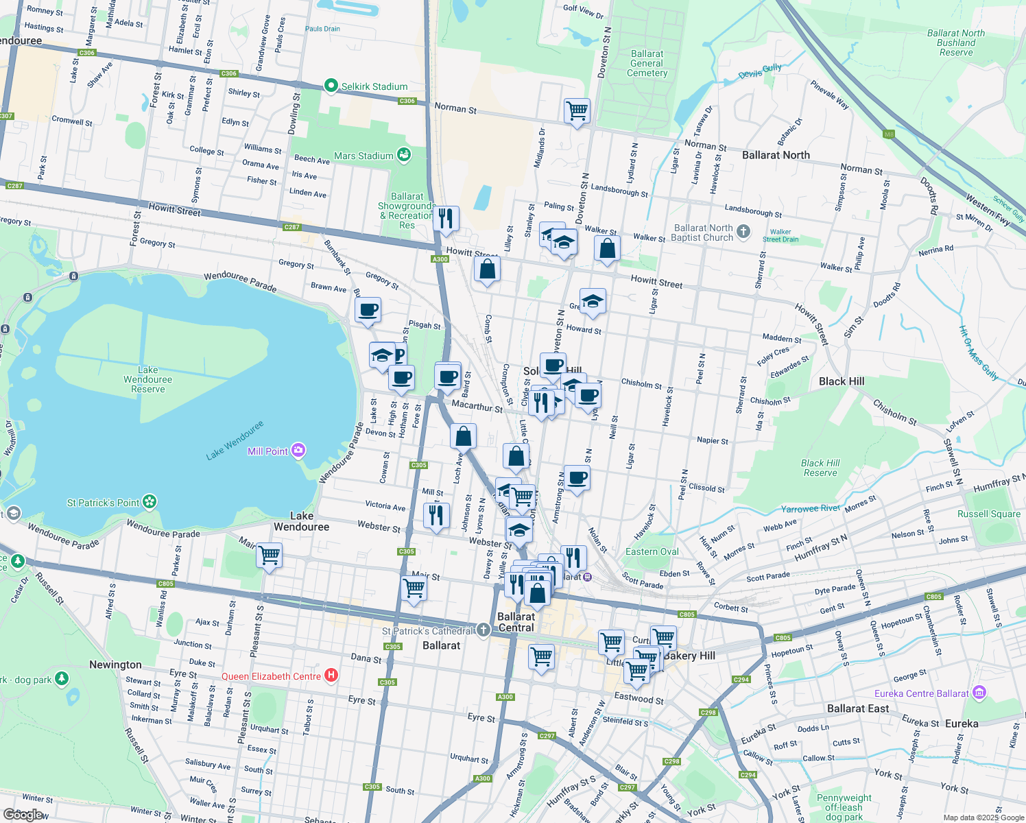map of restaurants, bars, coffee shops, grocery stores, and more near Macarthur Street in Ballarat City