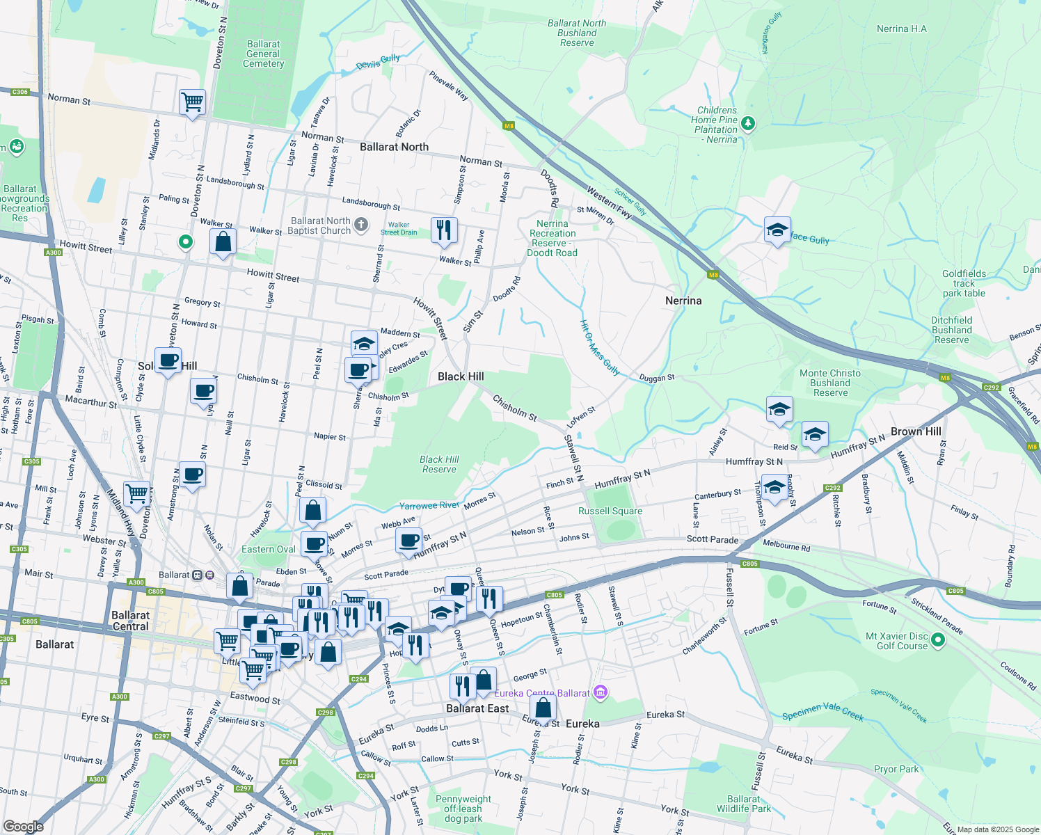 map of restaurants, bars, coffee shops, grocery stores, and more near 834A Chisholm Street in Black Hill