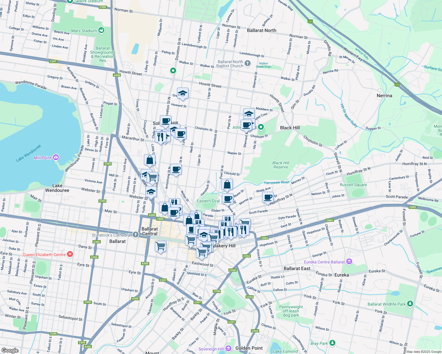 map of restaurants, bars, coffee shops, grocery stores, and more near Peel Street North in Ballarat City
