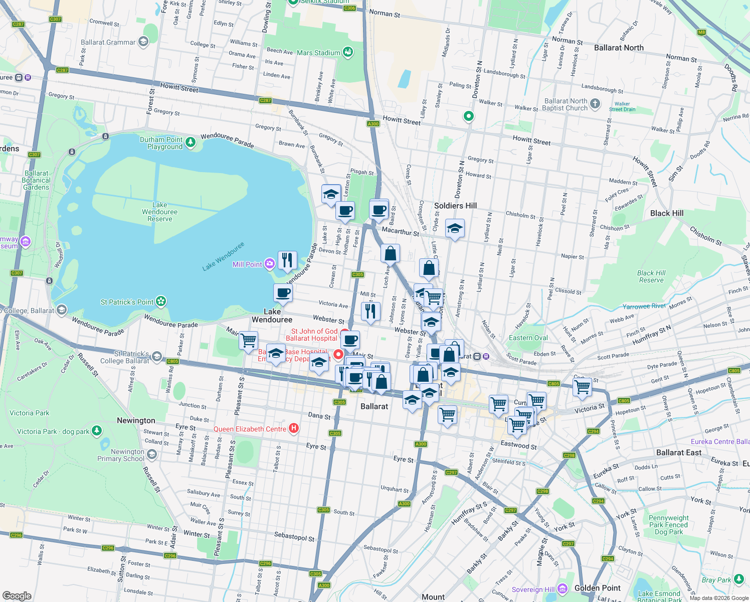 map of restaurants, bars, coffee shops, grocery stores, and more near 18 Frank Street in Ballarat