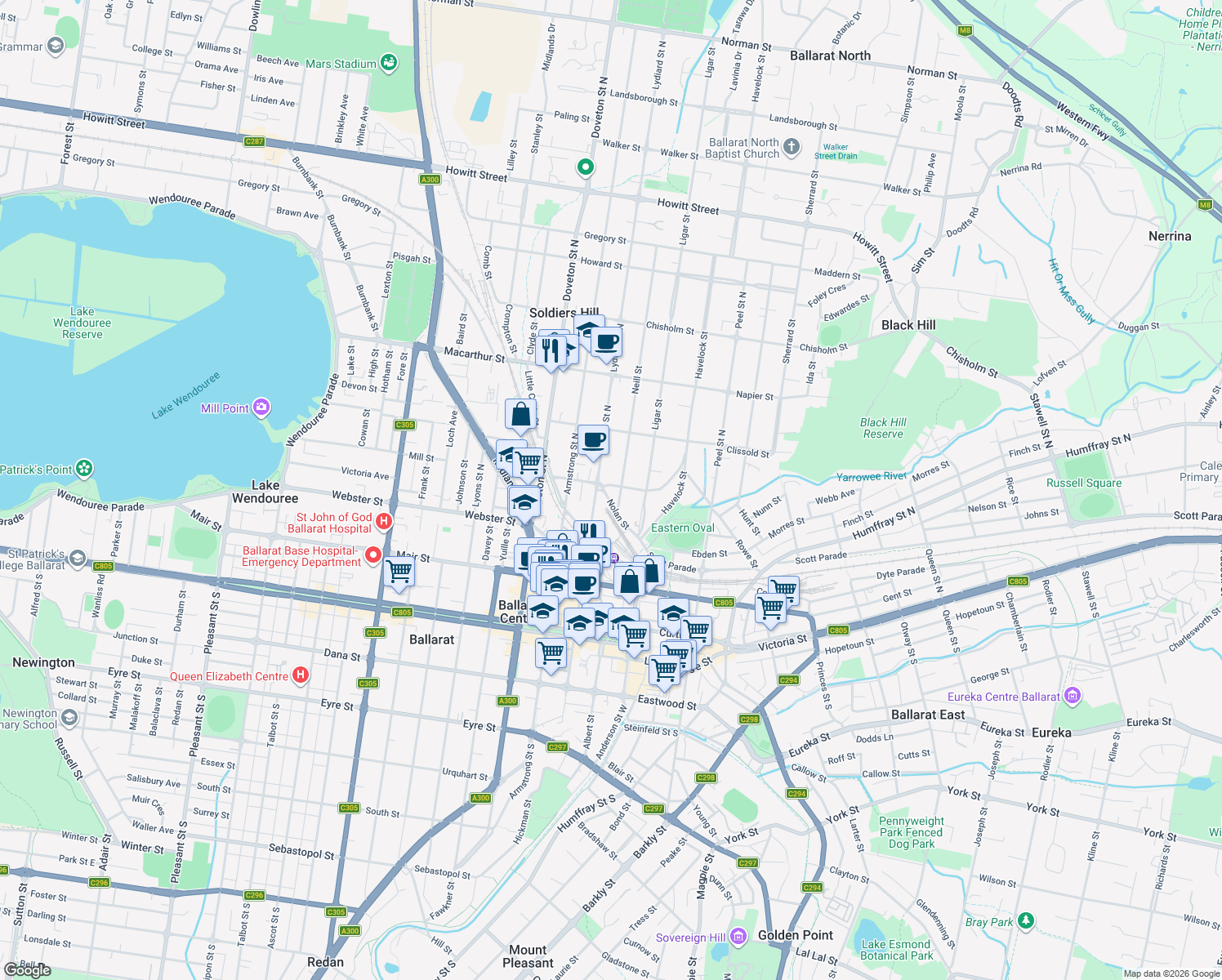 map of restaurants, bars, coffee shops, grocery stores, and more near 207 Seymour Street in Soldiers Hill