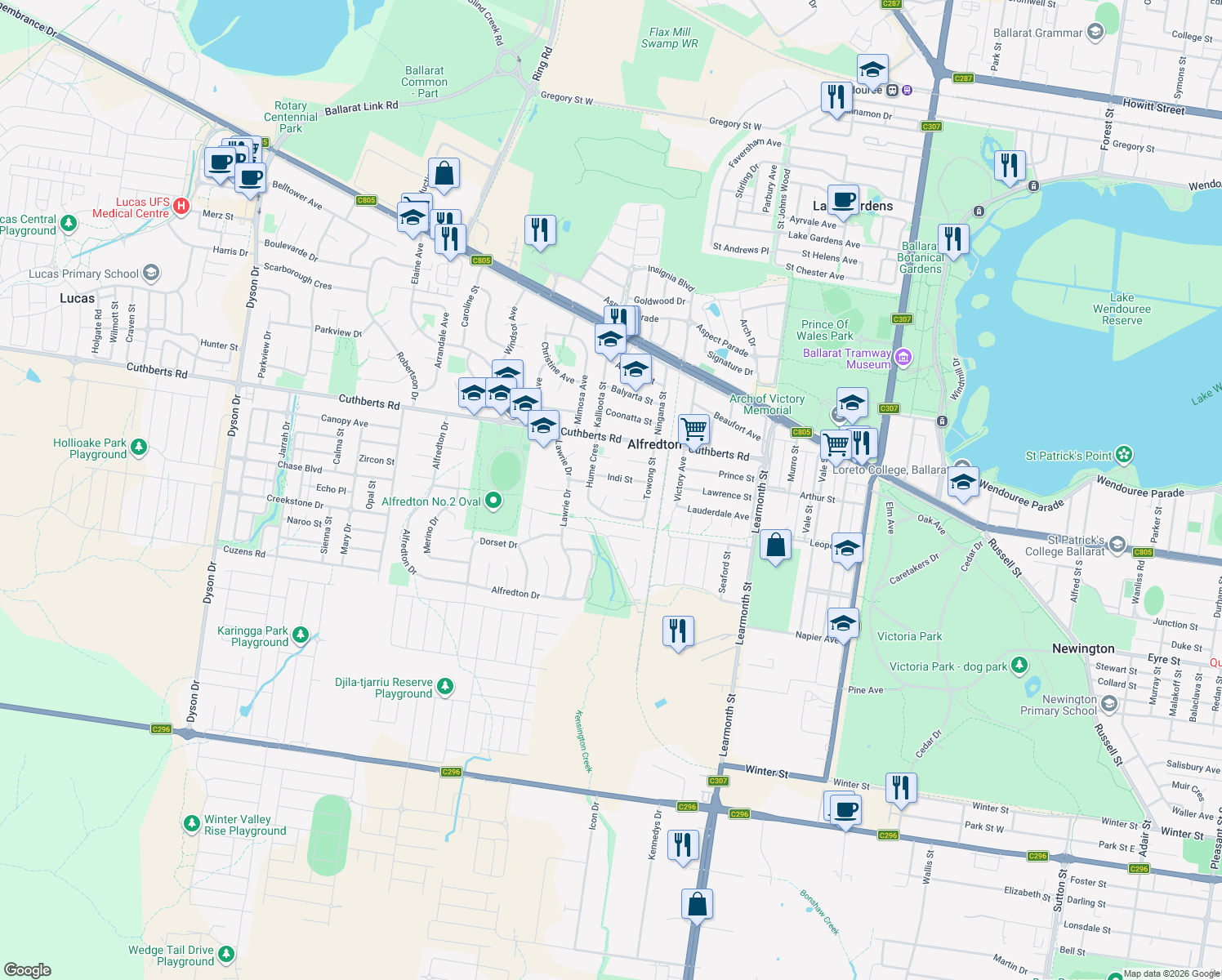 map of restaurants, bars, coffee shops, grocery stores, and more near 5 Colonial Court in Alfredton