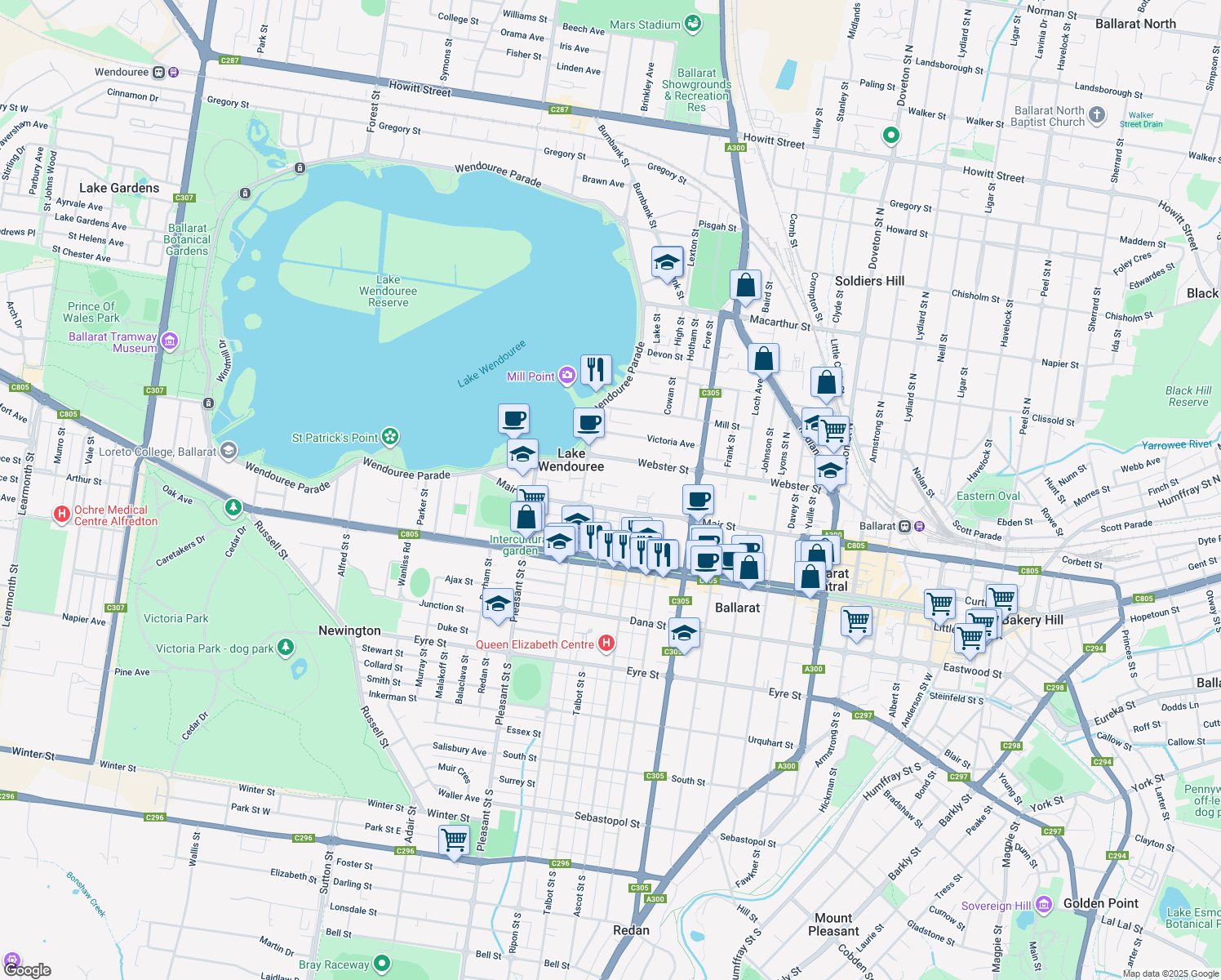 map of restaurants, bars, coffee shops, grocery stores, and more near 1200 Mair Street in Lake Wendouree