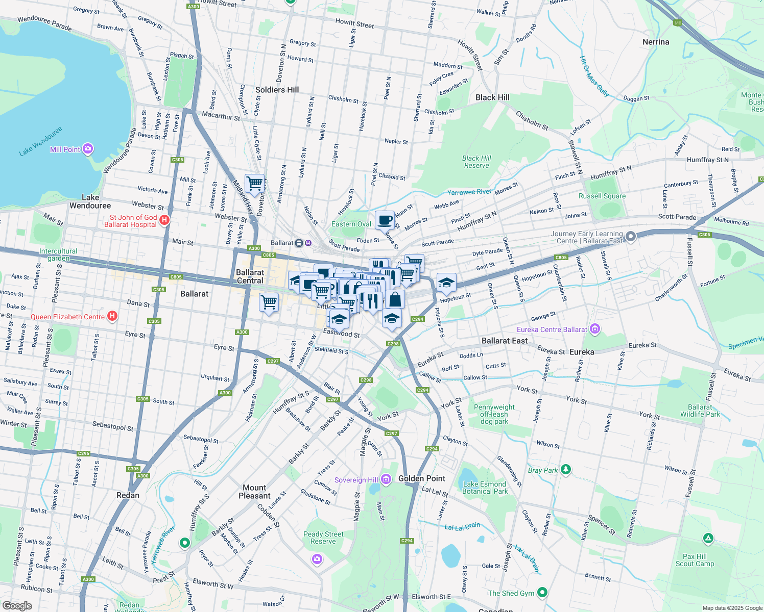 map of restaurants, bars, coffee shops, grocery stores, and more near in Bakery Hill