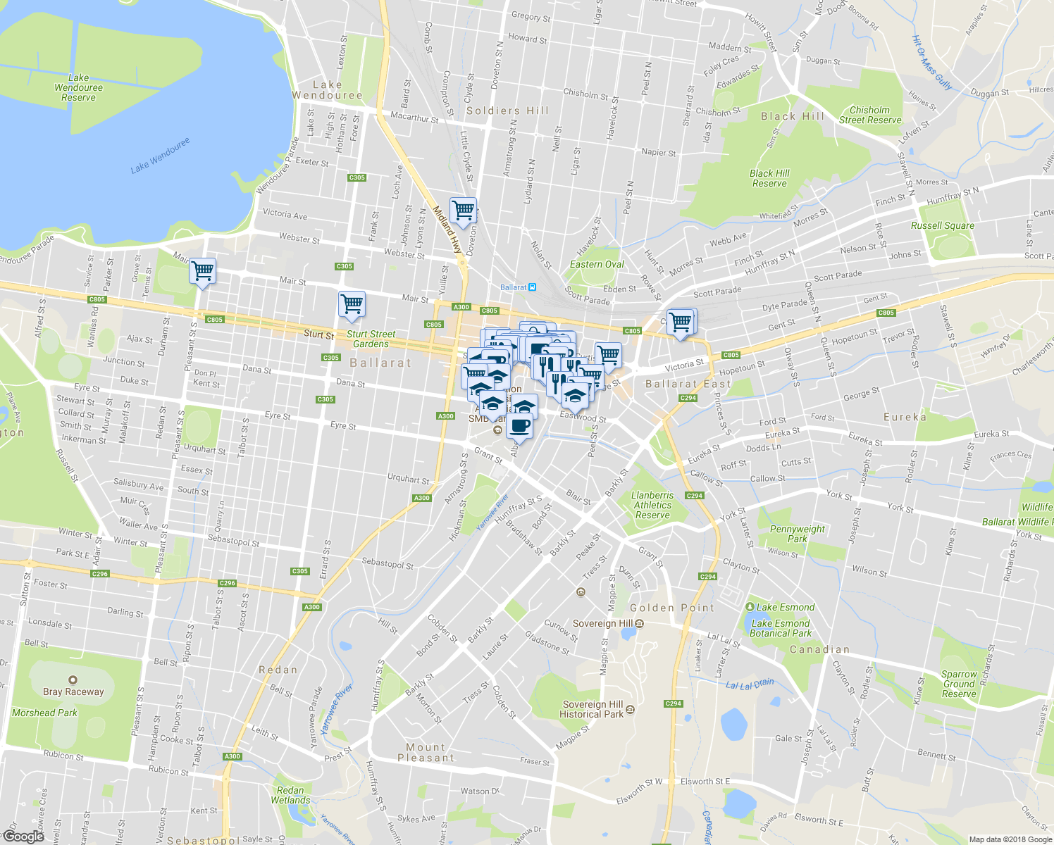 map of restaurants, bars, coffee shops, grocery stores, and more near 115 Albert Street in Ballarat