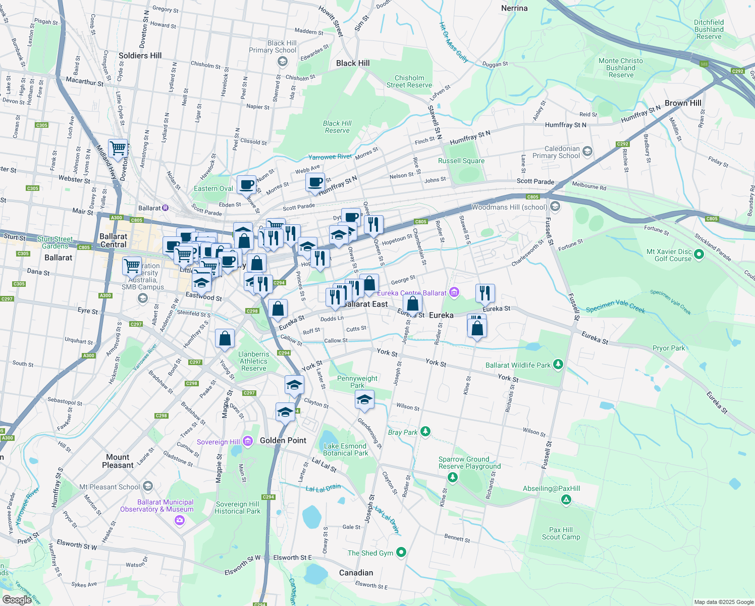 map of restaurants, bars, coffee shops, grocery stores, and more near 313 Eureka Street in Ballarat East