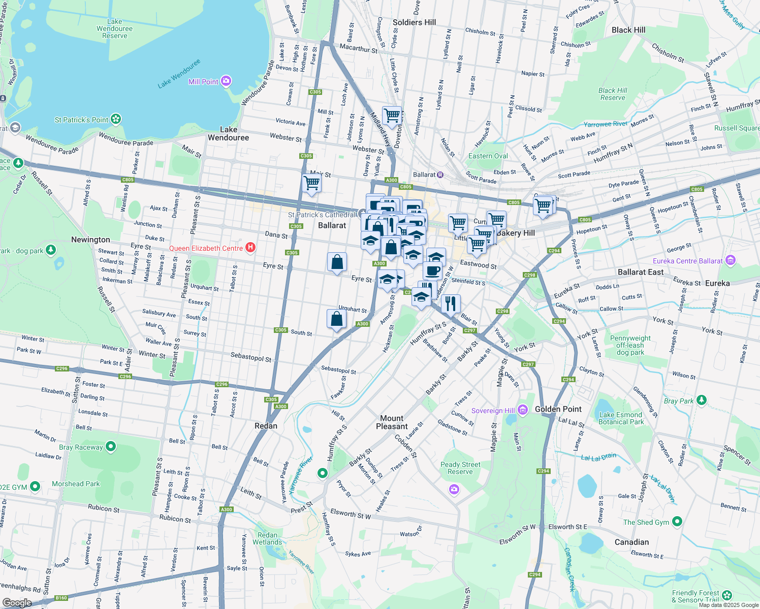map of restaurants, bars, coffee shops, grocery stores, and more near 22 Skipton Street in Ballarat Central