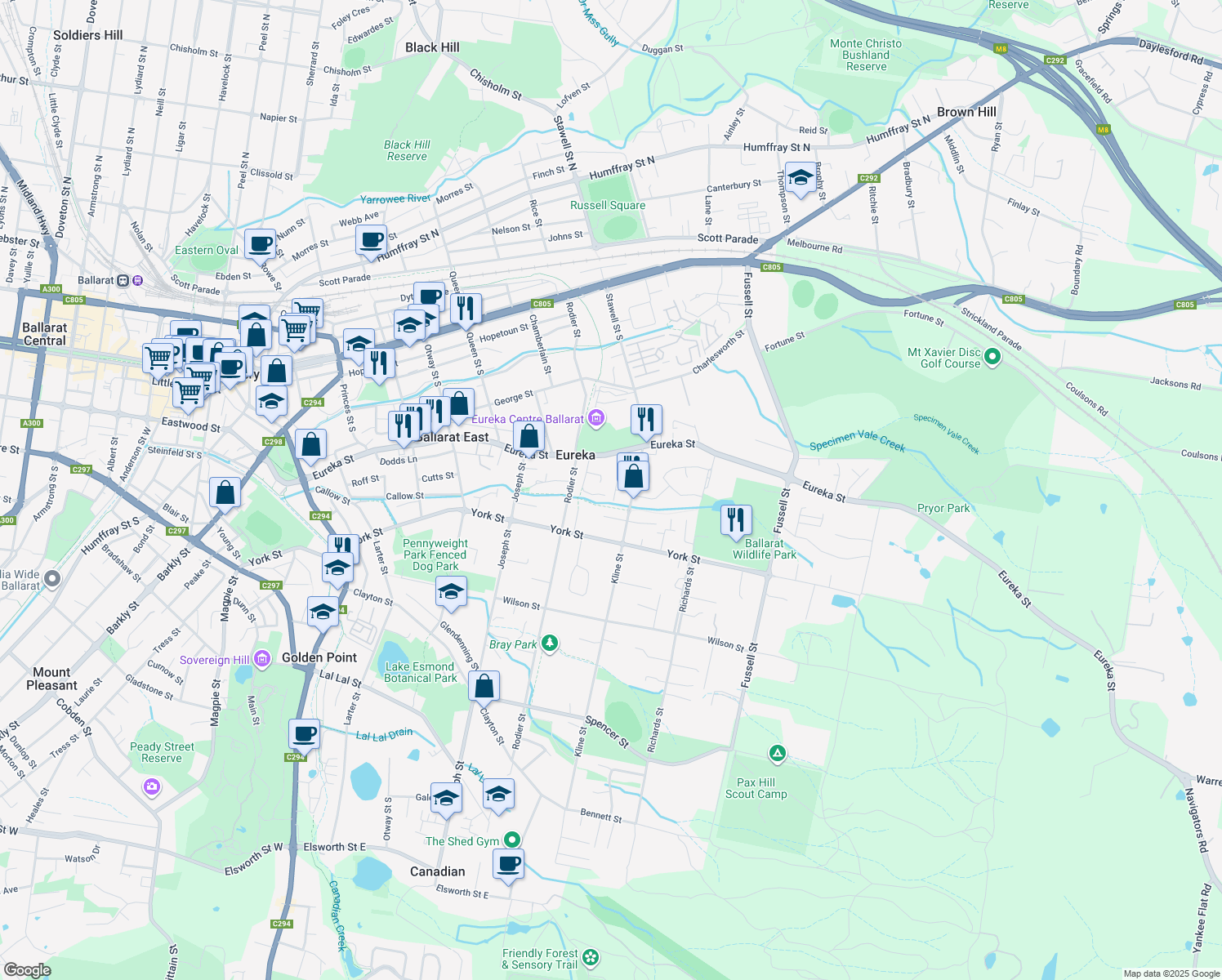 map of restaurants, bars, coffee shops, grocery stores, and more near 8 Eureka Garden in Eureka