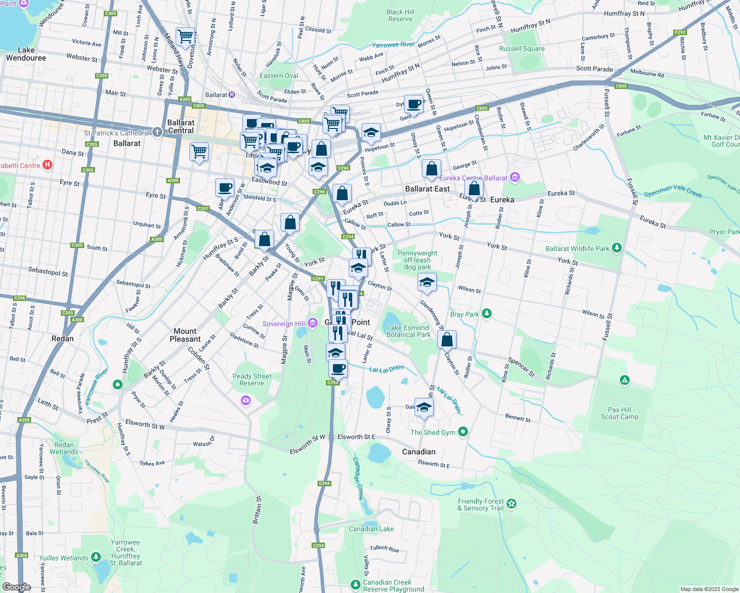 map of restaurants, bars, coffee shops, grocery stores, and more near 108 Clayton Street in Golden Point