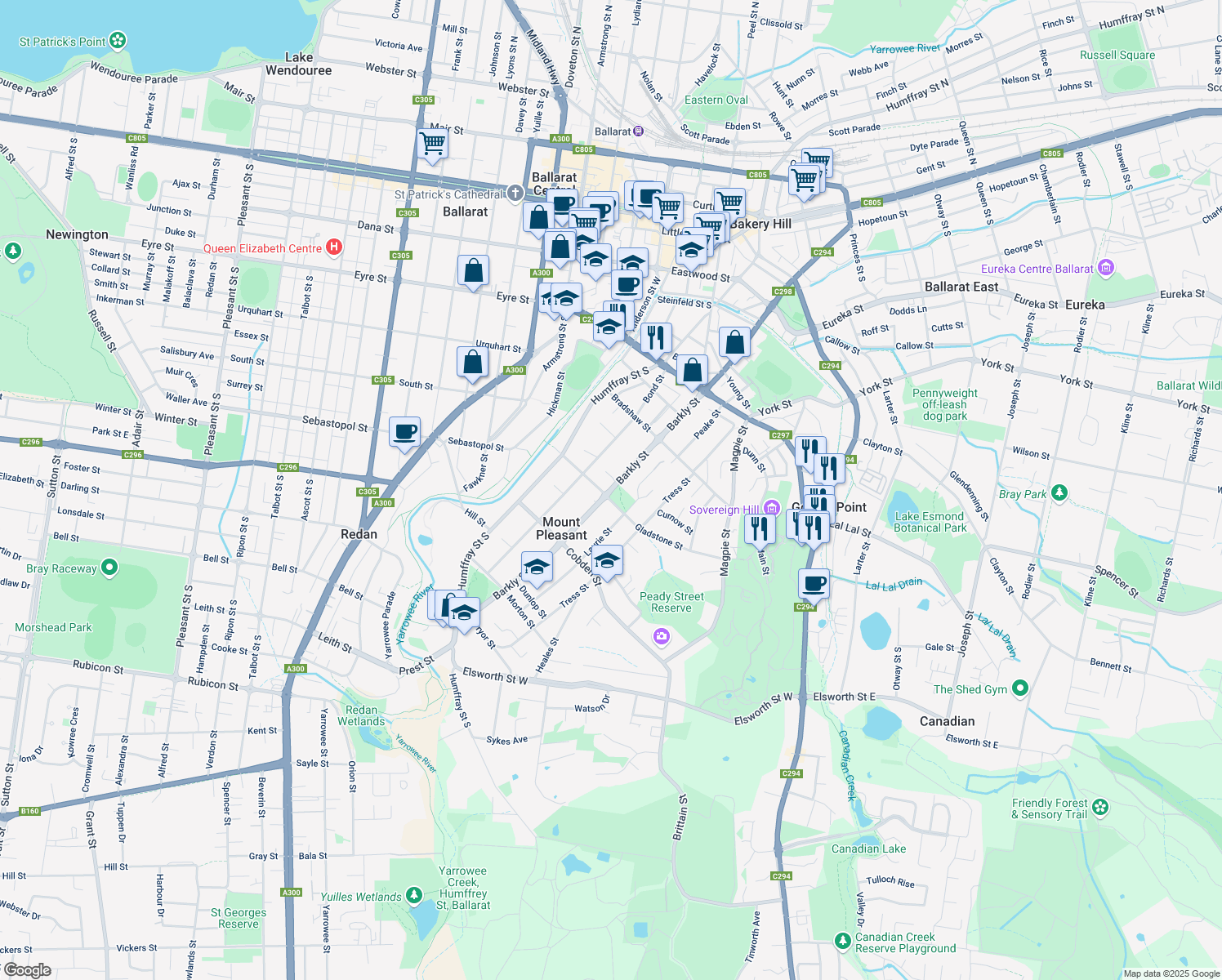 map of restaurants, bars, coffee shops, grocery stores, and more near in Golden Point