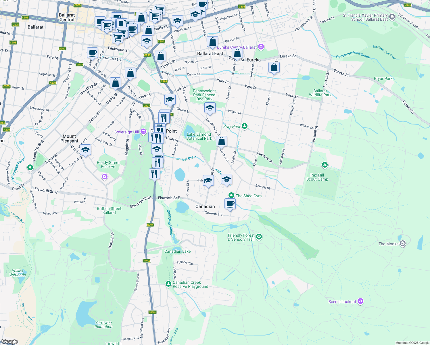 map of restaurants, bars, coffee shops, grocery stores, and more near 301 Lal Lal Street in Canadian