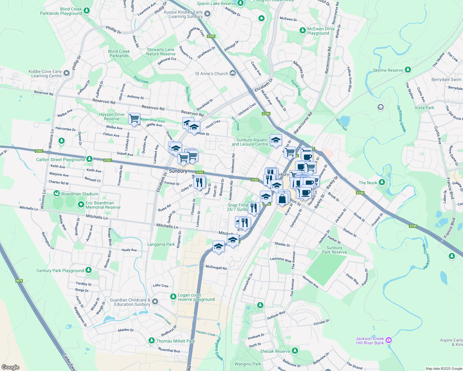 map of restaurants, bars, coffee shops, grocery stores, and more near 68 Anderson Road in Sunbury