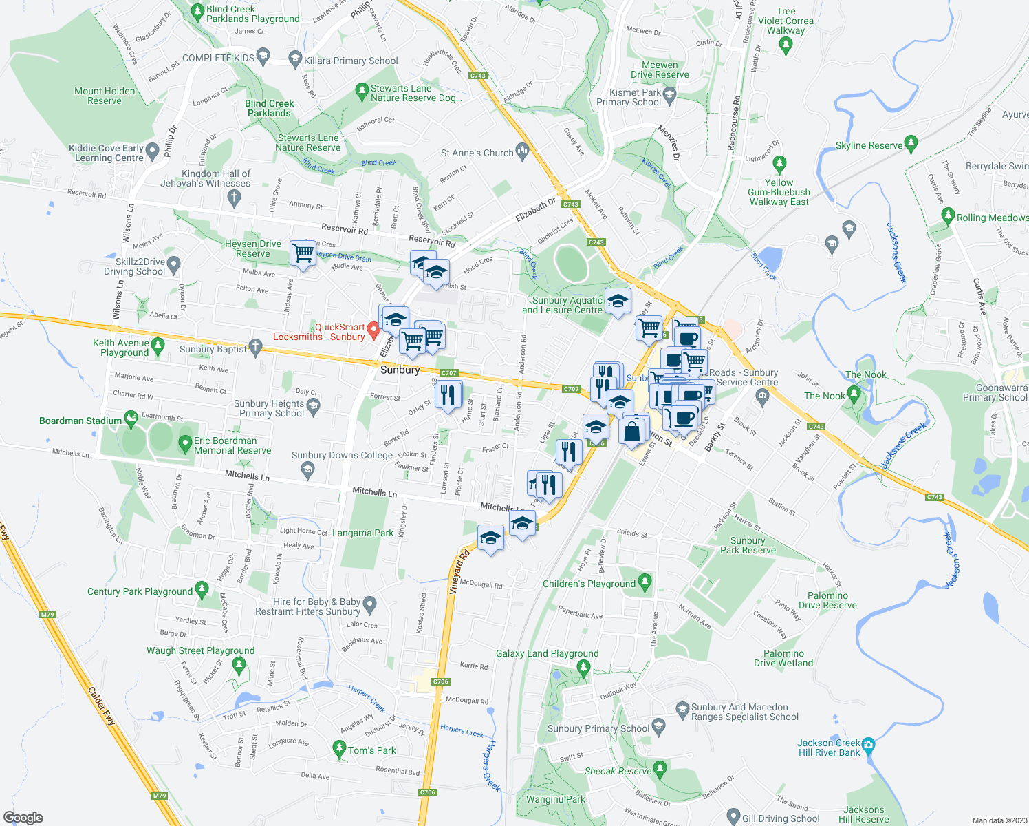 map of restaurants, bars, coffee shops, grocery stores, and more near 68 Anderson Road in Sunbury