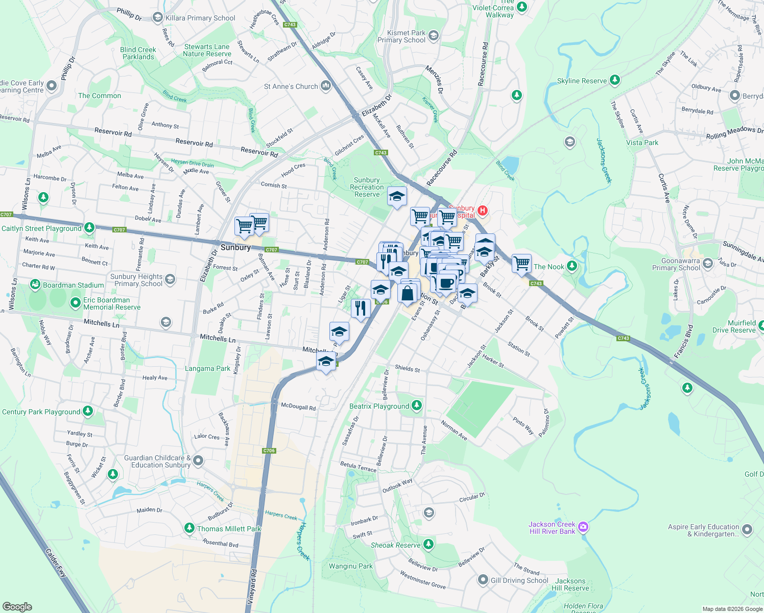 map of restaurants, bars, coffee shops, grocery stores, and more near 73-75 Horne Street in Sunbury