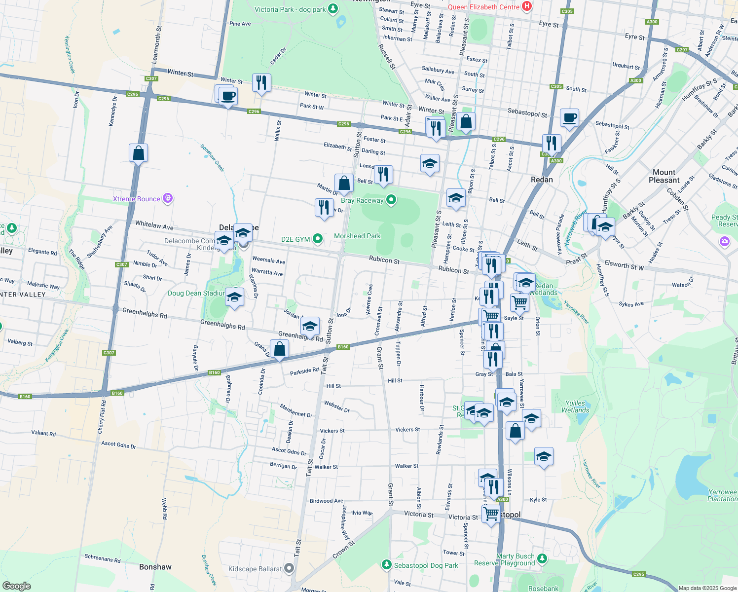 map of restaurants, bars, coffee shops, grocery stores, and more near Kowree Crescent in Sebastopol