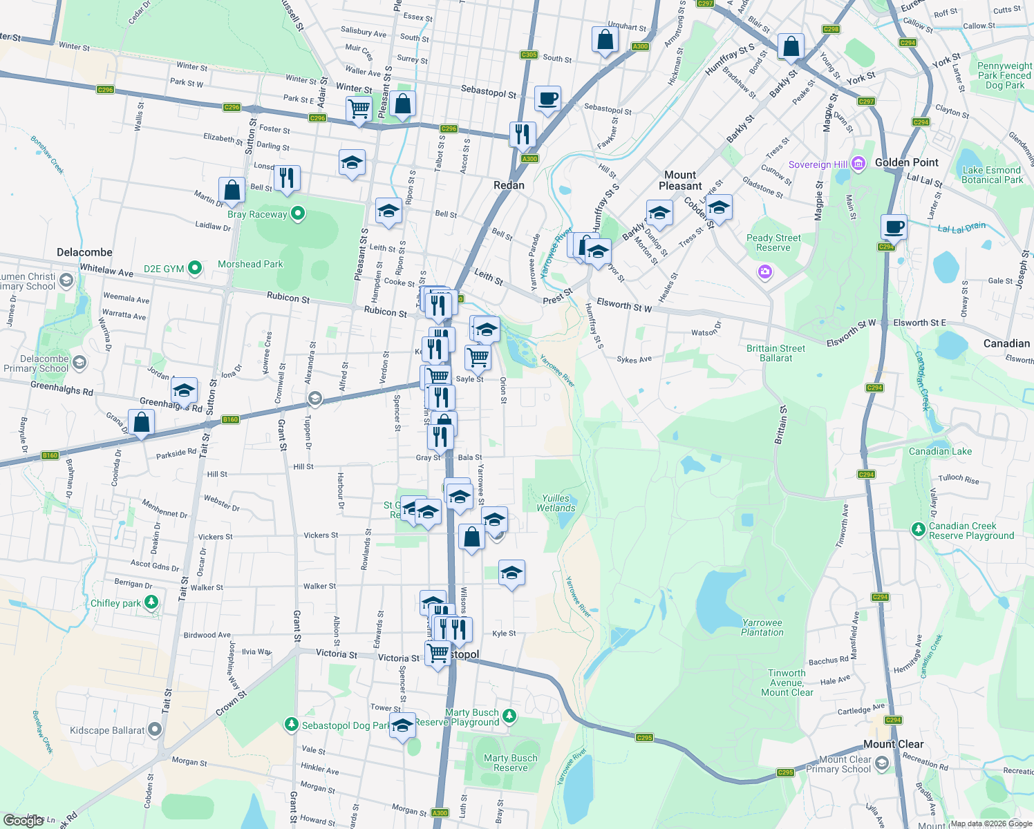 map of restaurants, bars, coffee shops, grocery stores, and more near 3 Luka Court in Sebastopol