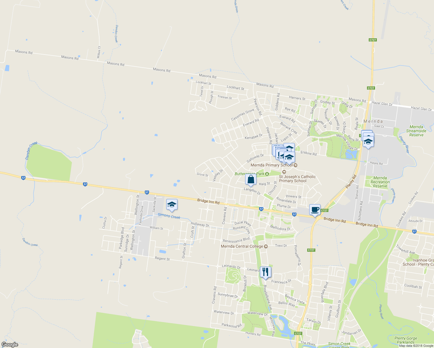 map of restaurants, bars, coffee shops, grocery stores, and more near Vestley Drive in Mernda