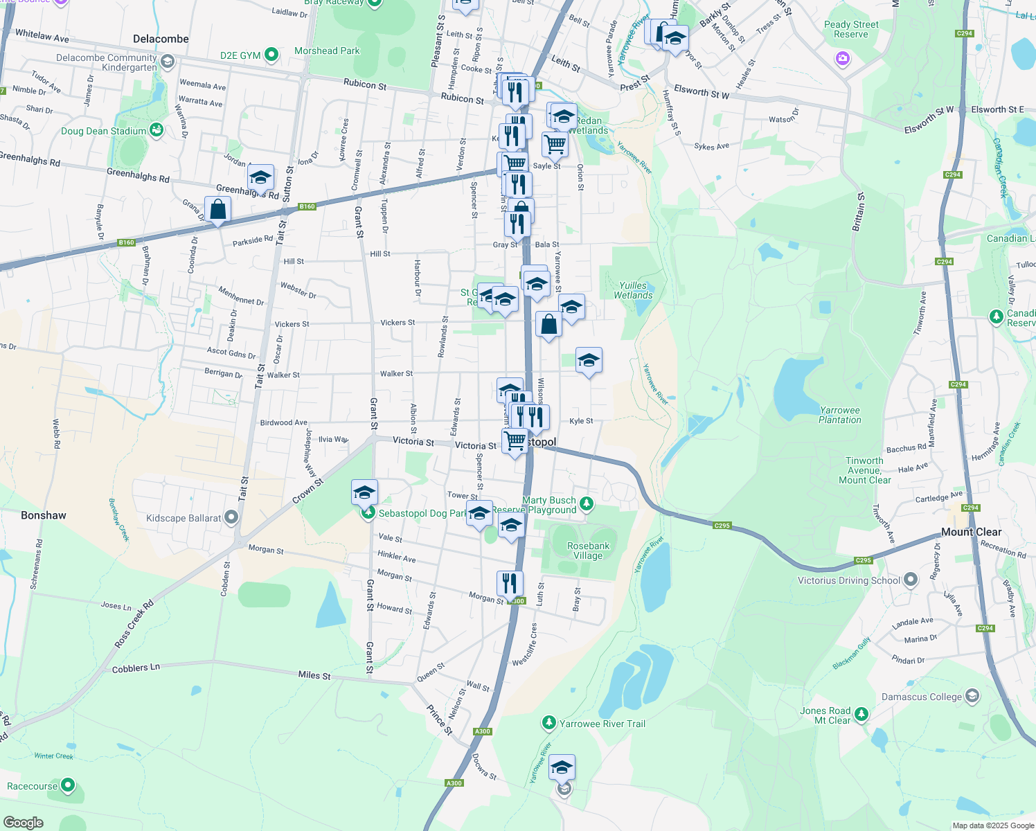 map of restaurants, bars, coffee shops, grocery stores, and more near 6 Birdwood Avenue in Sebastopol