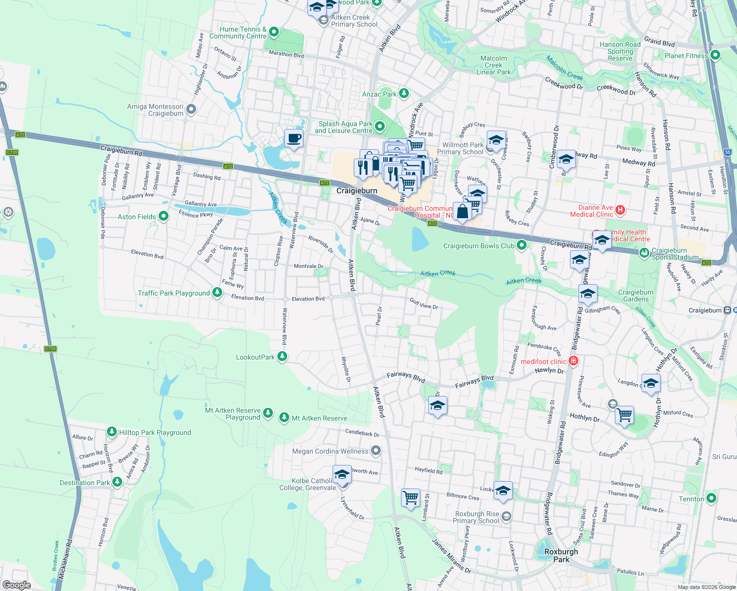 map of restaurants, bars, coffee shops, grocery stores, and more near 111 Golf View Drive in Craigieburn