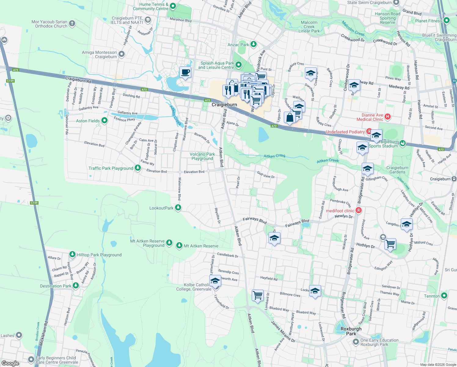 map of restaurants, bars, coffee shops, grocery stores, and more near 24 Cable Circuit in Craigieburn