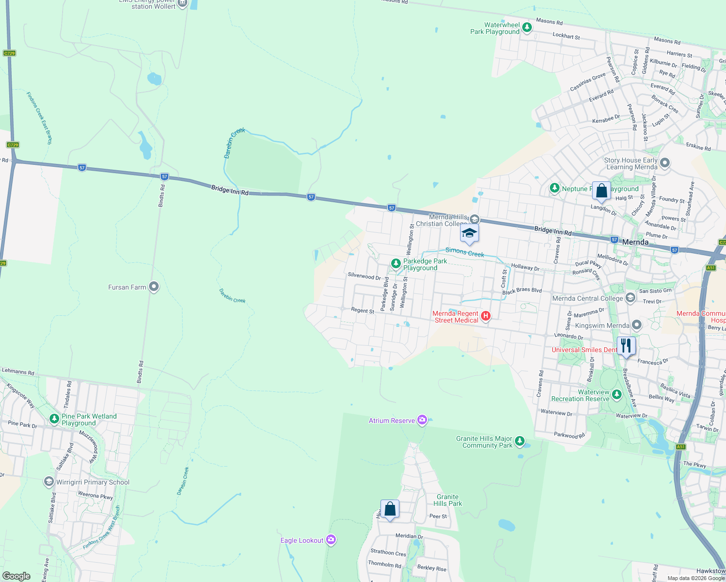 map of restaurants, bars, coffee shops, grocery stores, and more near 24 Balvicar Way in Mernda