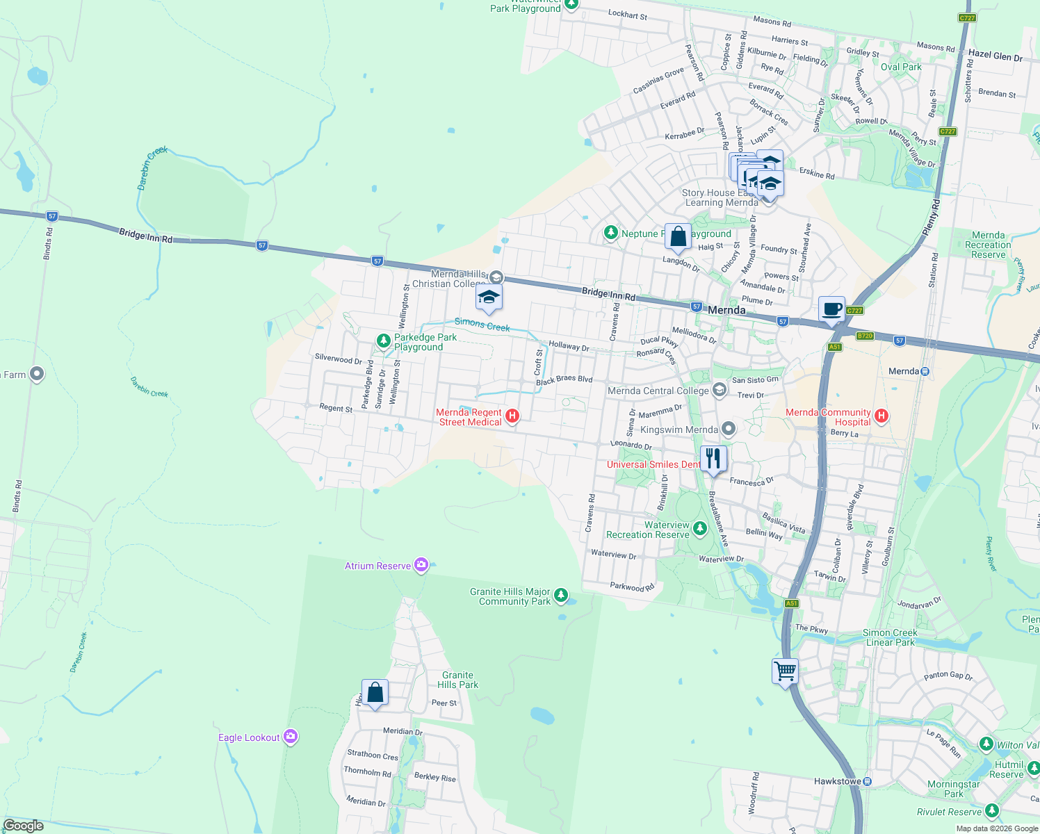 map of restaurants, bars, coffee shops, grocery stores, and more near 10 Grafton Street in Mernda