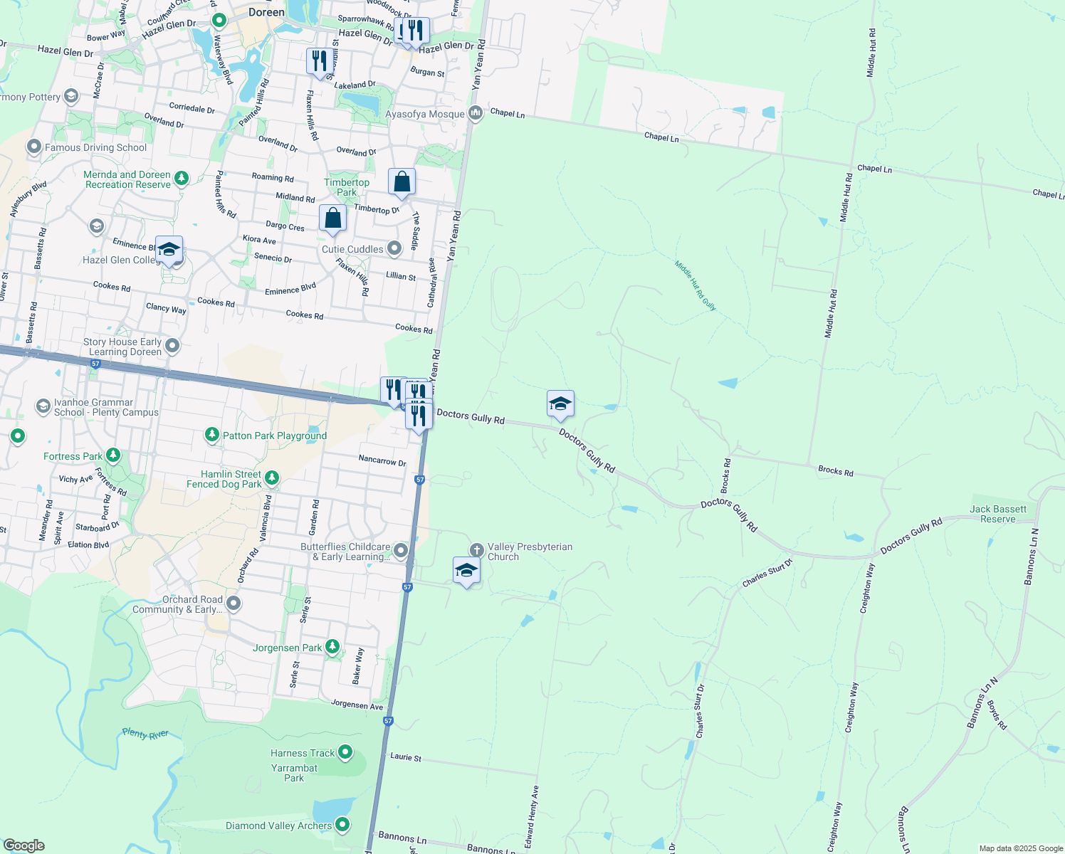 map of restaurants, bars, coffee shops, grocery stores, and more near 60 Doctors Gully Road in Doreen