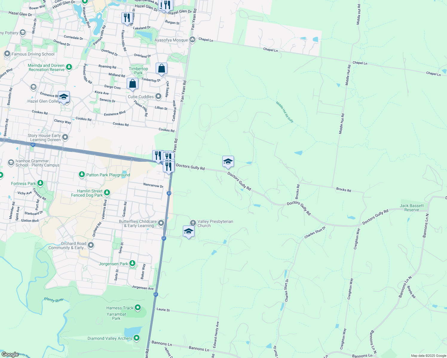 map of restaurants, bars, coffee shops, grocery stores, and more near 60 Doctors Gully Road in Doreen
