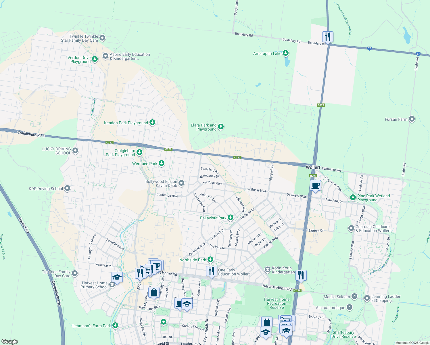 map of restaurants, bars, coffee shops, grocery stores, and more near 28 Beresford Road in Wollert
