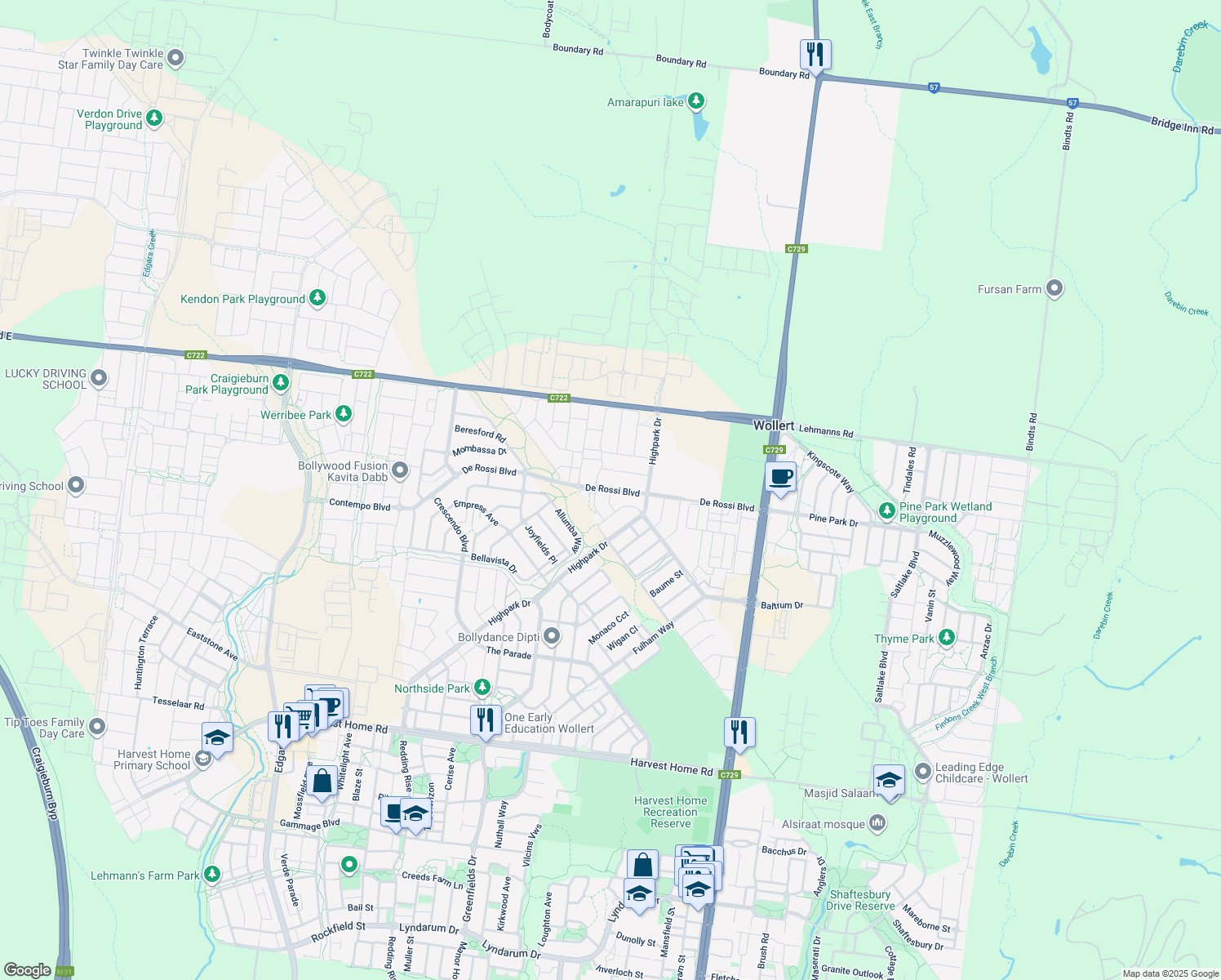 map of restaurants, bars, coffee shops, grocery stores, and more near De Rossi Boulevard in Wollert