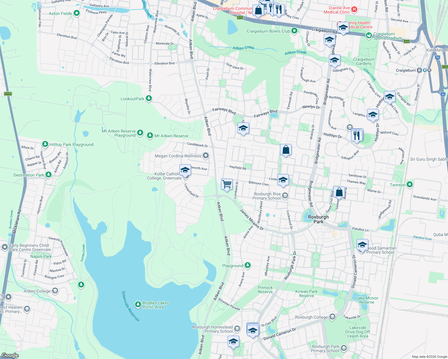 map of restaurants, bars, coffee shops, grocery stores, and more near 91 Biltmore Crescent in Roxburgh Park