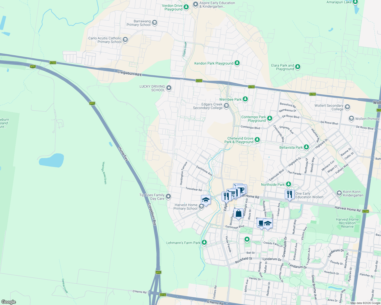 map of restaurants, bars, coffee shops, grocery stores, and more near 14 Augusta Drive in Wollert