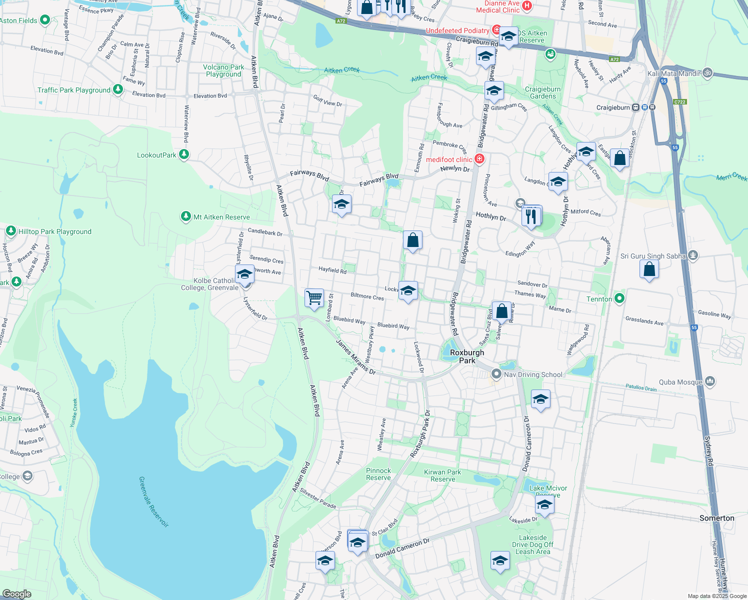 map of restaurants, bars, coffee shops, grocery stores, and more near 31 Biltmore Crescent in Roxburgh Park
