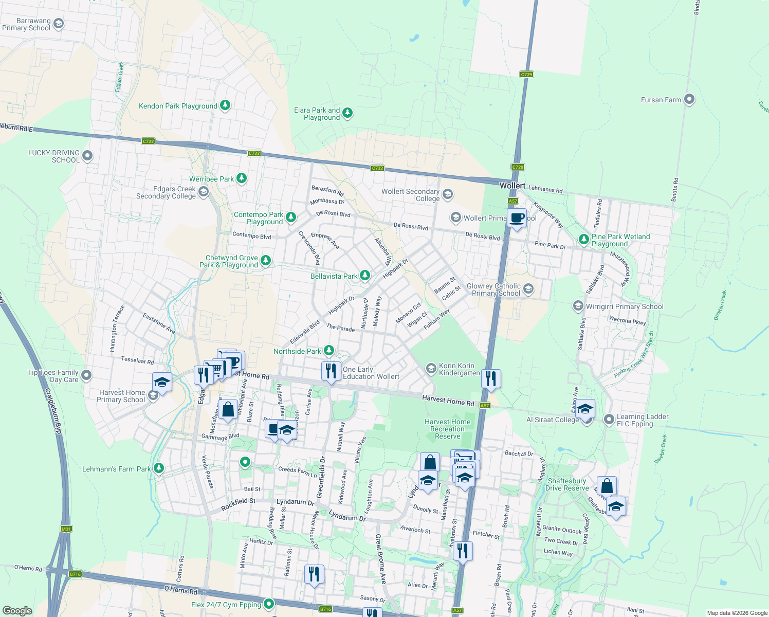 map of restaurants, bars, coffee shops, grocery stores, and more near 19A Cotchin Close in Wollert