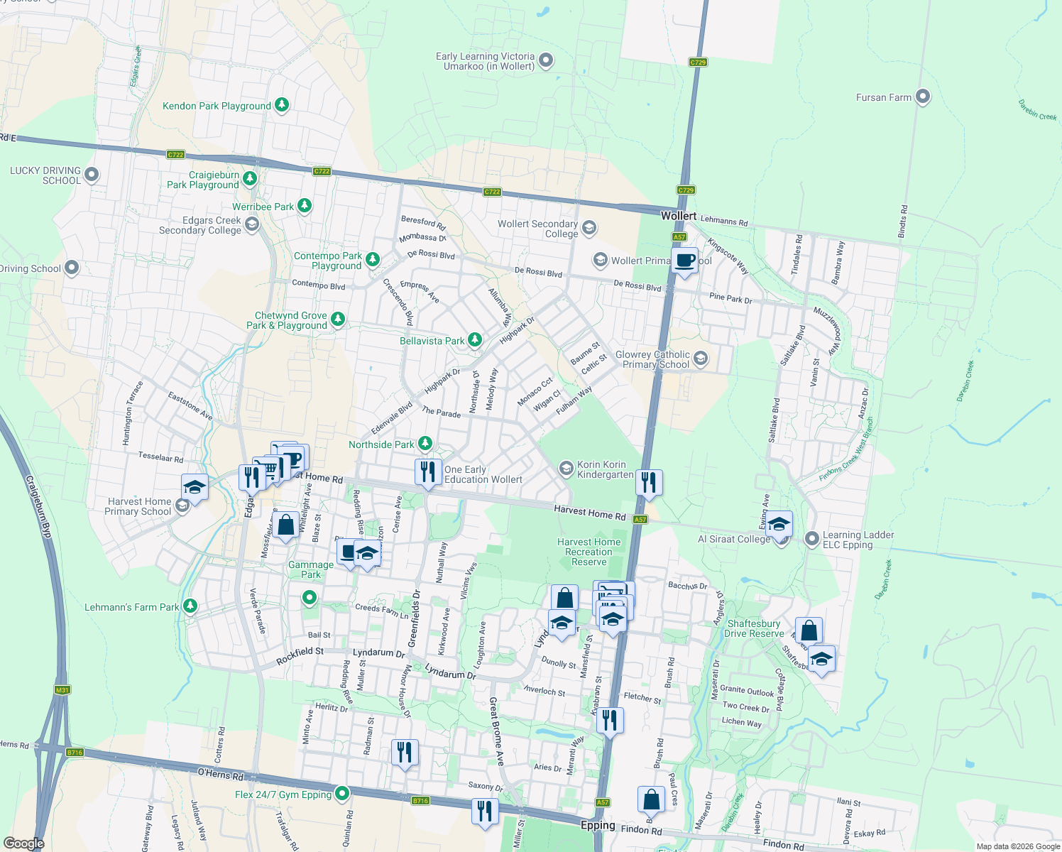 map of restaurants, bars, coffee shops, grocery stores, and more near 49 Fulham Way in Wollert