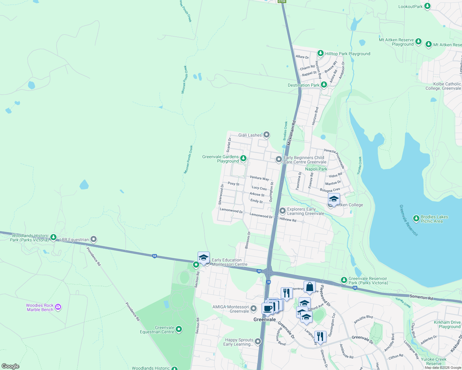 map of restaurants, bars, coffee shops, grocery stores, and more near 25 Posy Street in Greenvale