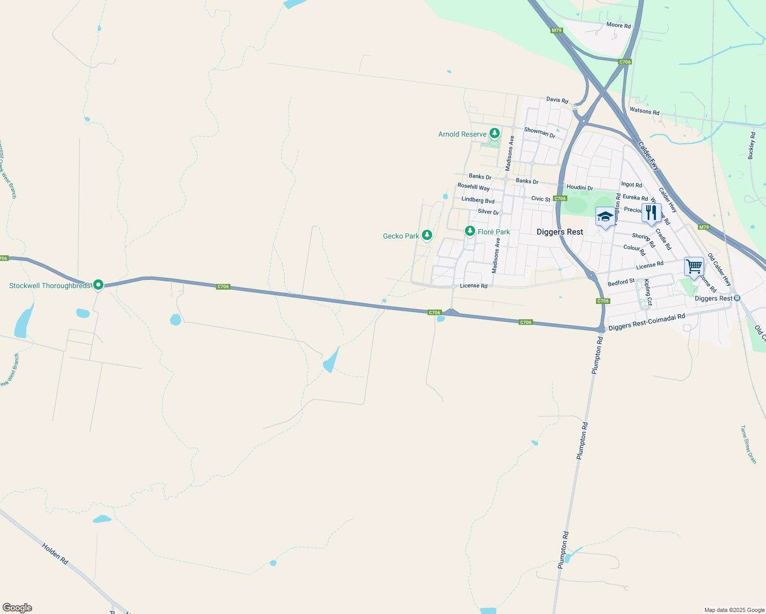 map of restaurants, bars, coffee shops, grocery stores, and more near Diggers Rest-Coimadai Road in Diggers Rest