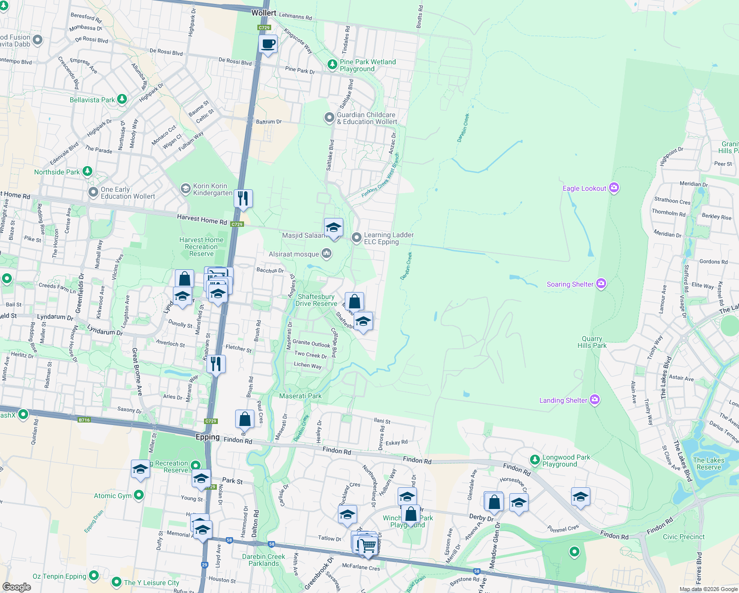map of restaurants, bars, coffee shops, grocery stores, and more near 11 Maranatha Street in Epping