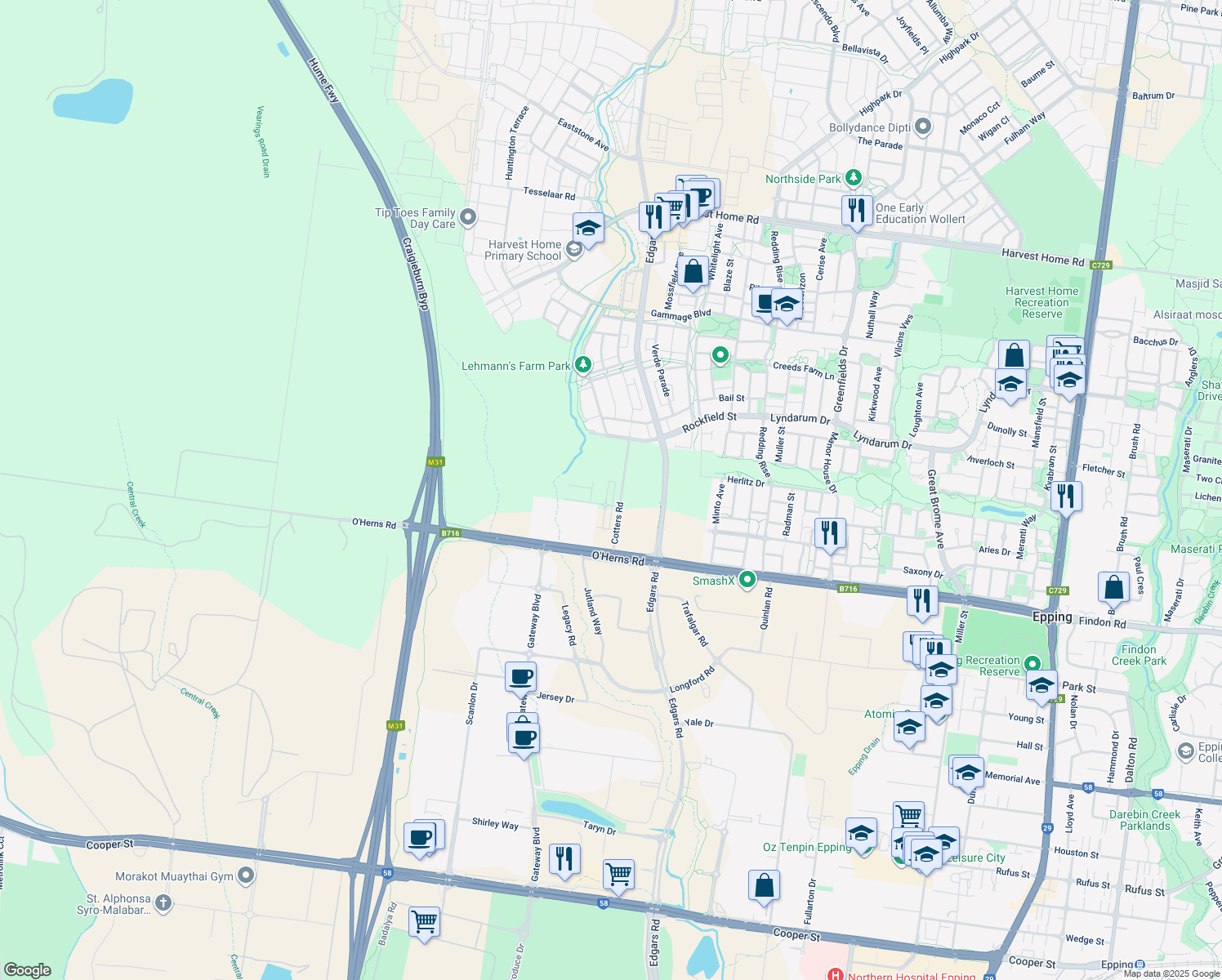 map of restaurants, bars, coffee shops, grocery stores, and more near 20 Oriano Street in Epping