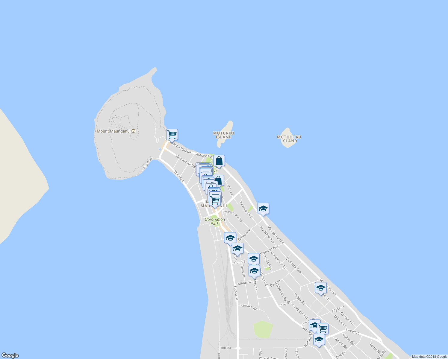 map of restaurants, bars, coffee shops, grocery stores, and more near 17 Rita Street in Tauranga