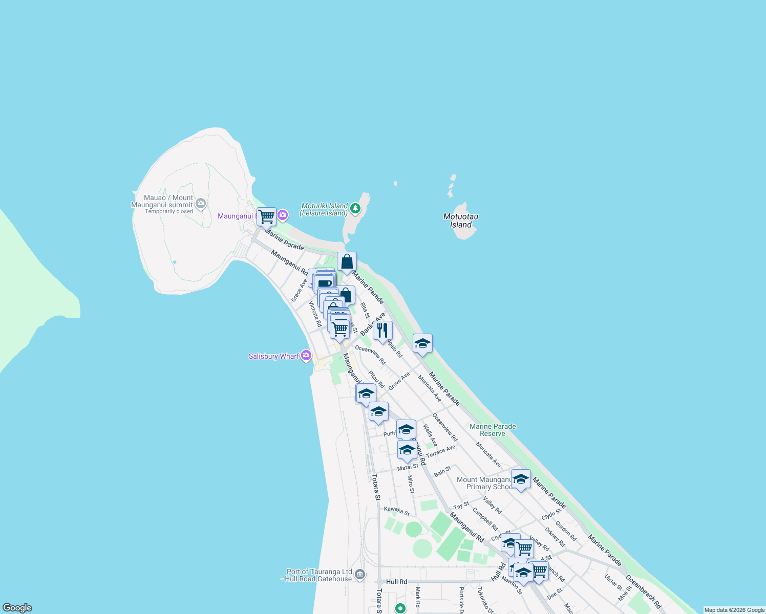 map of restaurants, bars, coffee shops, grocery stores, and more near 48 Marine Parade in Tauranga