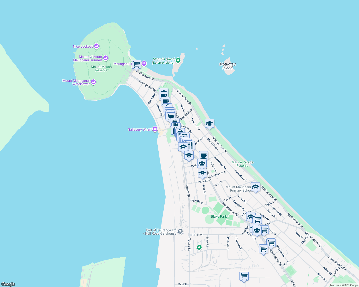 map of restaurants, bars, coffee shops, grocery stores, and more near 290 Maunganui Road in Mount Maunganui