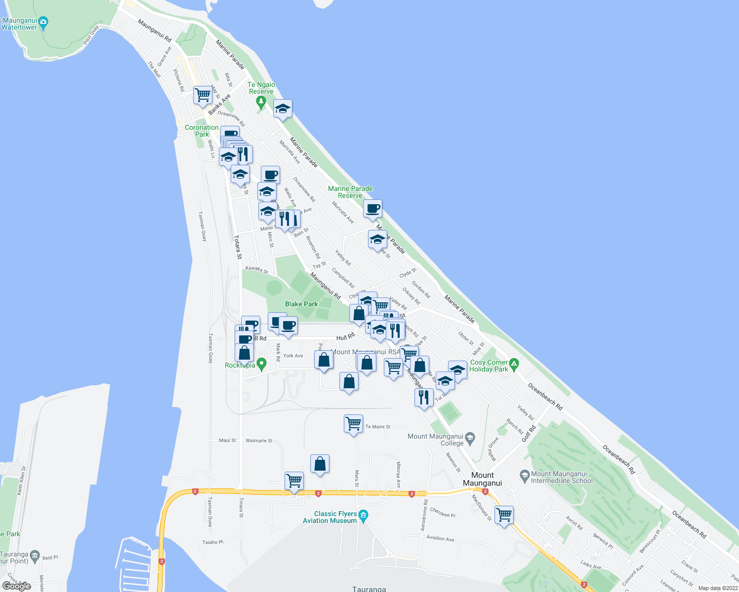 map of restaurants, bars, coffee shops, grocery stores, and more near 45 Campbell Road in Tauranga