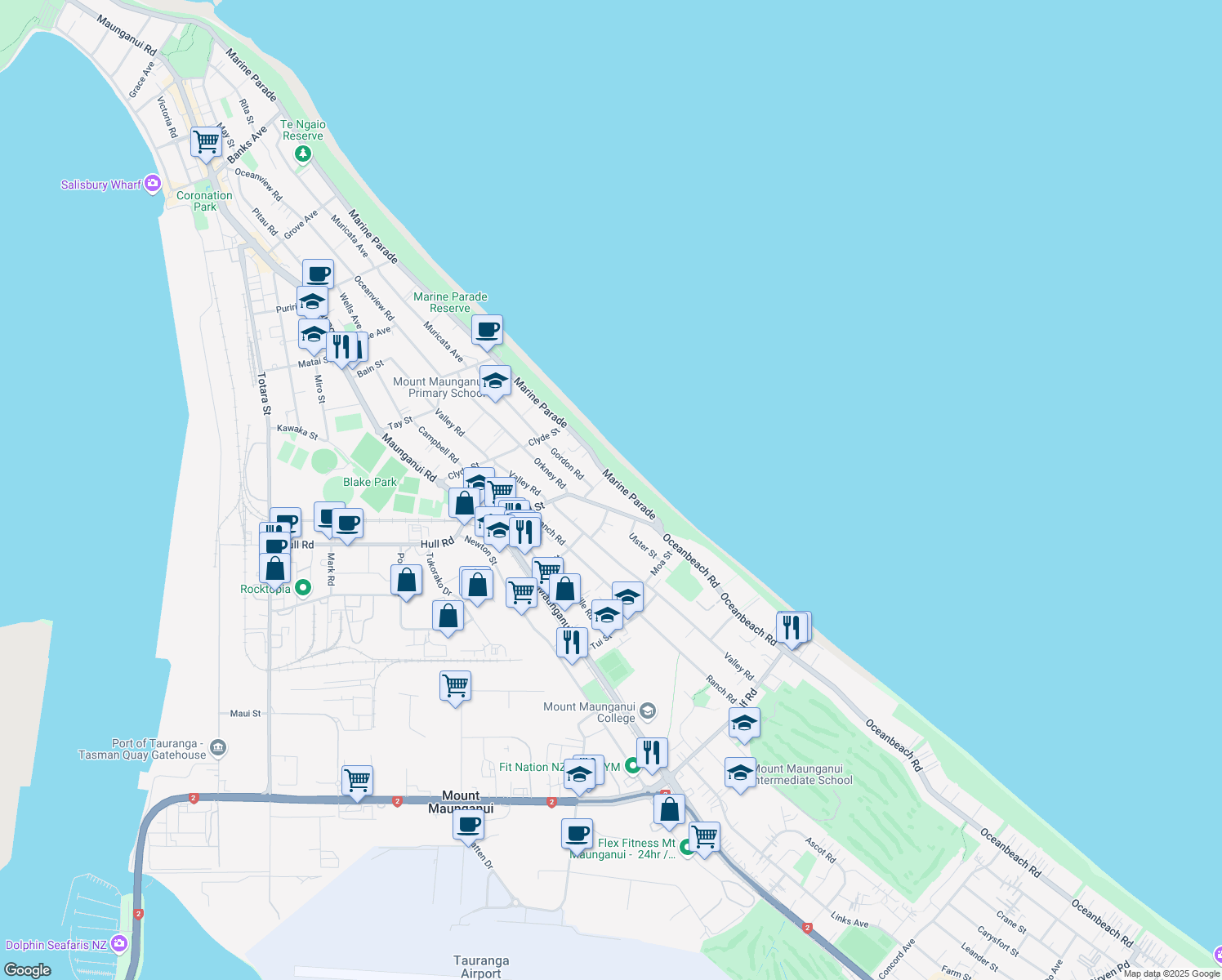 map of restaurants, bars, coffee shops, grocery stores, and more near 198 Marine Parade in Tauranga