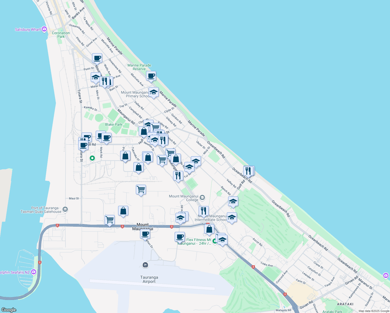 map of restaurants, bars, coffee shops, grocery stores, and more near 162 Valley Road in Tauranga