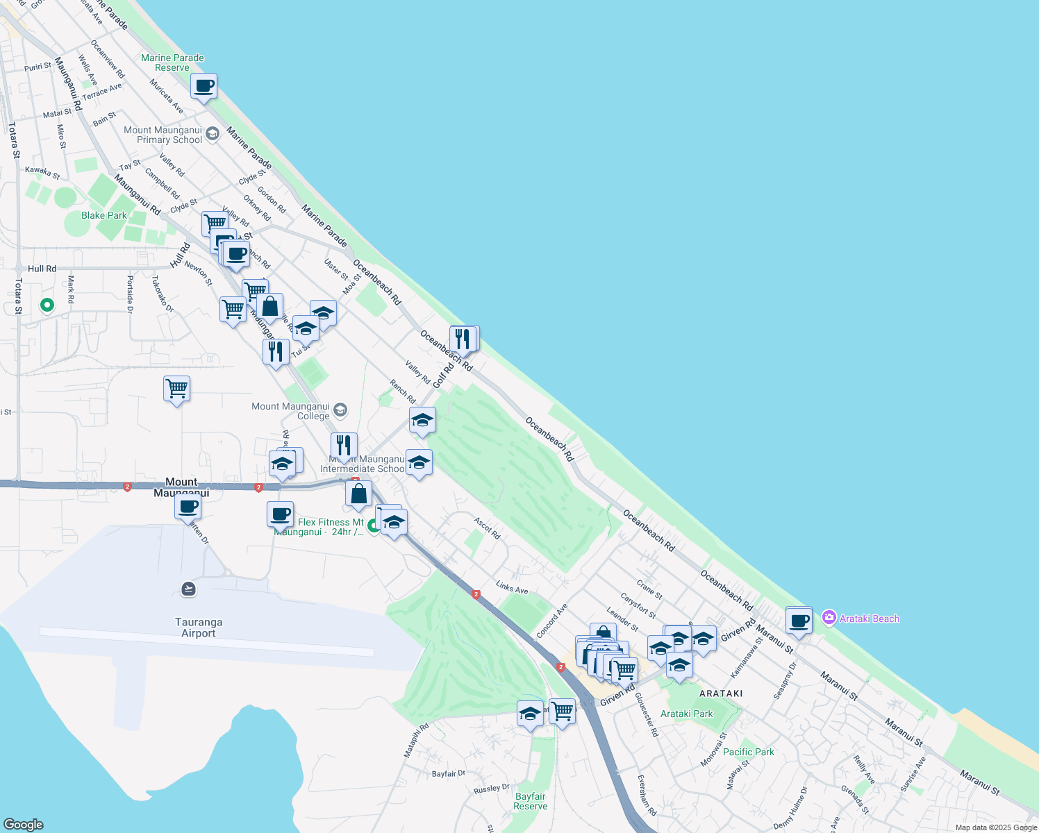 map of restaurants, bars, coffee shops, grocery stores, and more near 142 Ocean Beach Road in Tauranga