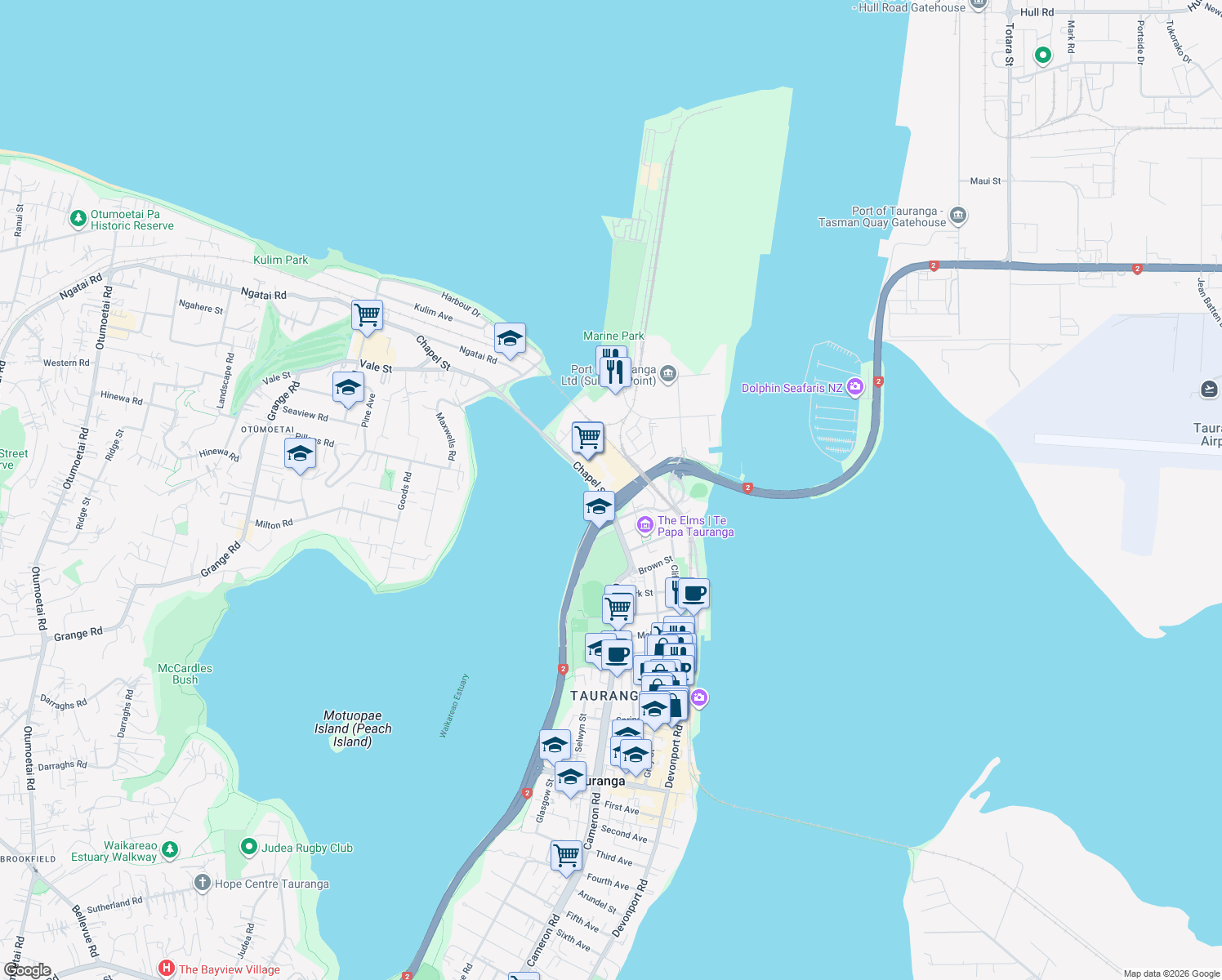 map of restaurants, bars, coffee shops, grocery stores, and more near 61 Chapel Street in Tauranga