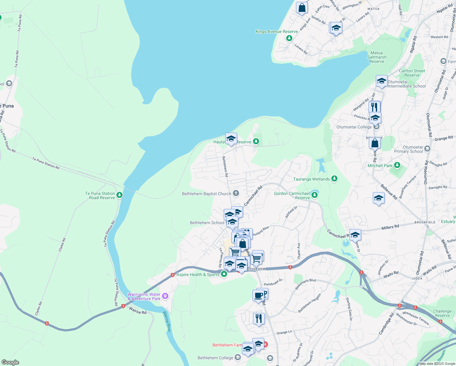 map of restaurants, bars, coffee shops, grocery stores, and more near 115 Bethlehem Road in Tauranga